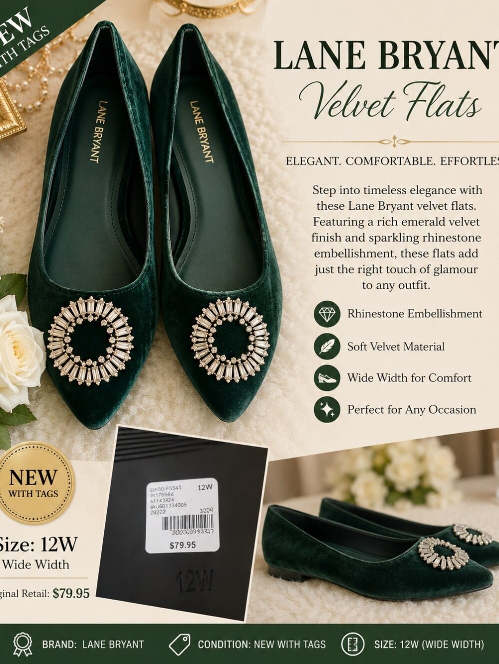 Lane Bryant Emerald Green Velvet Flats with Rhinestone Brooch